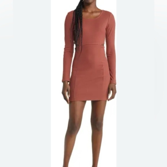 Open Edit Rust Cut Out Side Ribbed Long Sleeve Dress - Picture 1 of 7